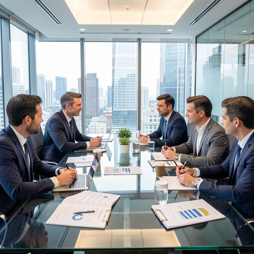 Executive team developing strategic business plans in modern boardroom