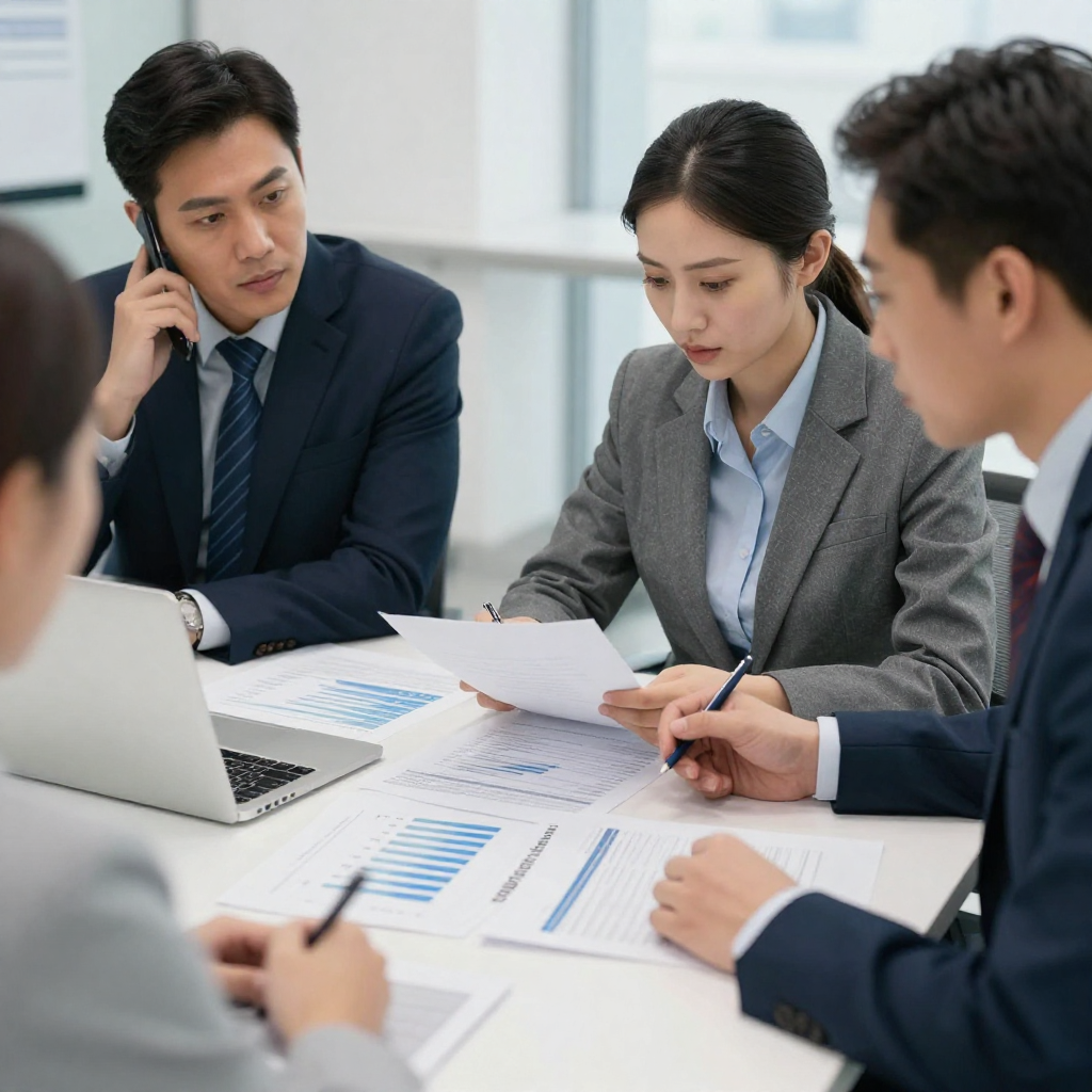 Management consultants reviewing operational workflows and performance metrics